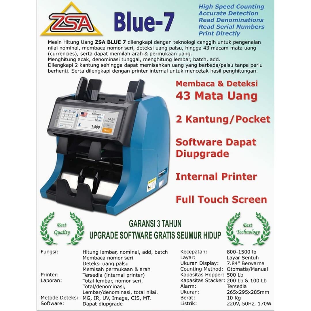 ZSA Blue-7 Mesin Hitung Uang Double Pocket Money Counter Blue7 - Image 1